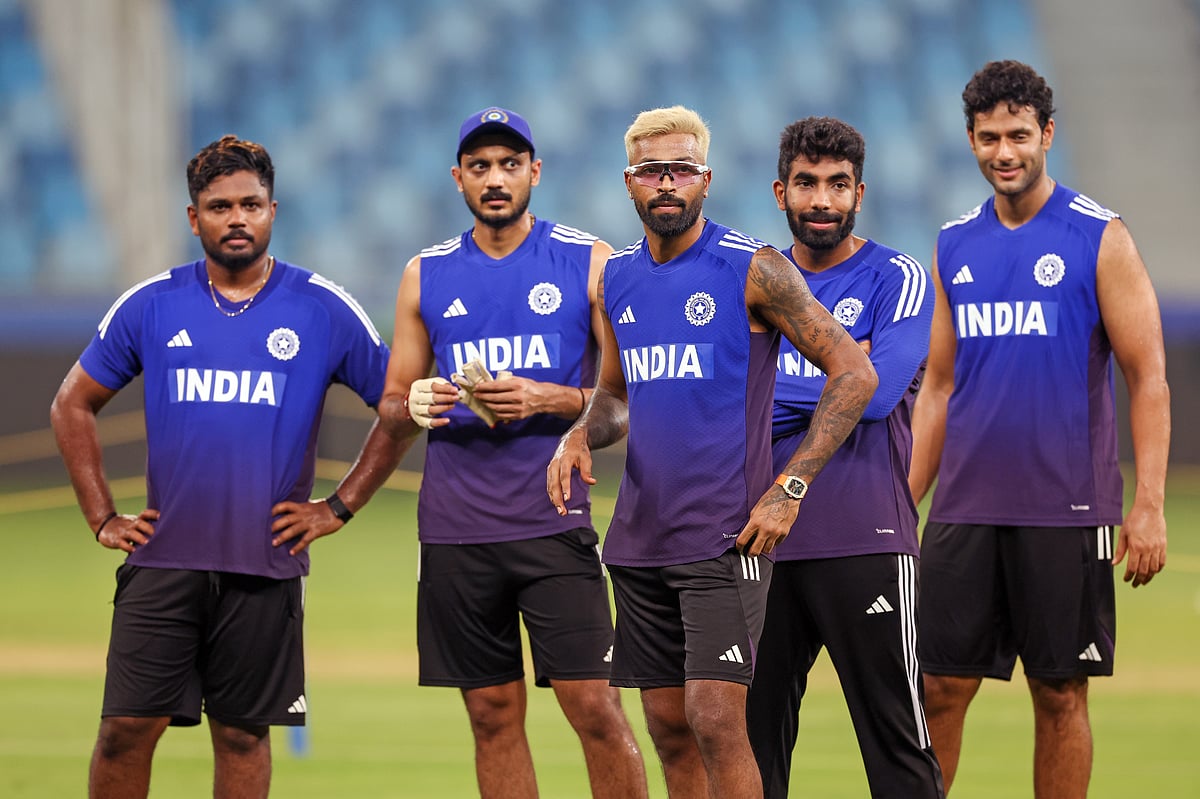 India's  Sanju Samson, Axar Patel, Hardik Pandya, Jasprit Bumrah and Shivam Dube during a training session ahead of their first Asia Cup match against UAE at Dubai International cricket stadium. 