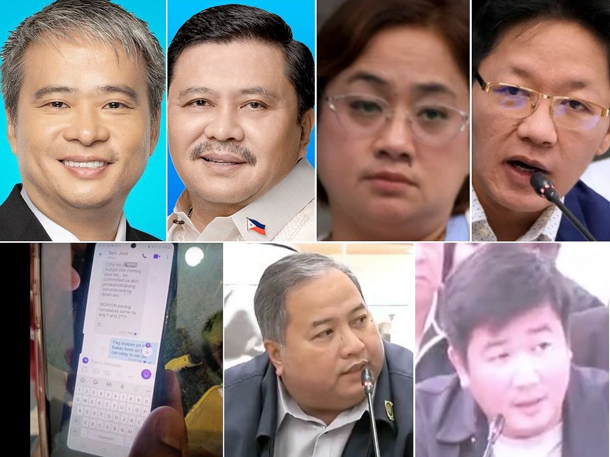 Smear campaign or can of worms? Private contractors Pacifico Discaya (top right), and wife Sarah (top, 2nd right), ex-District Engineers Brice Hernandez (lower right) and Engr. Henry Alcantara of the DPWH (centre low), with Sen. Jinggoy Estrada (top, 2nd left) and Sen. Joel Villanueva (top left), are some of the main figures named in the on-going probe into scam flood-control projects. Inset (left) supposedly shows a screenshot of disappearing messages between Villanueva and Alcantara (as shared Hernandez) during a House hearing on Tuesday.