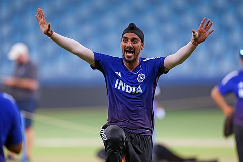 Indian bowler Arshdeep Singh during a training session ahead of their first Asia Cup match against UAE at Dubai International cricket stadium. 