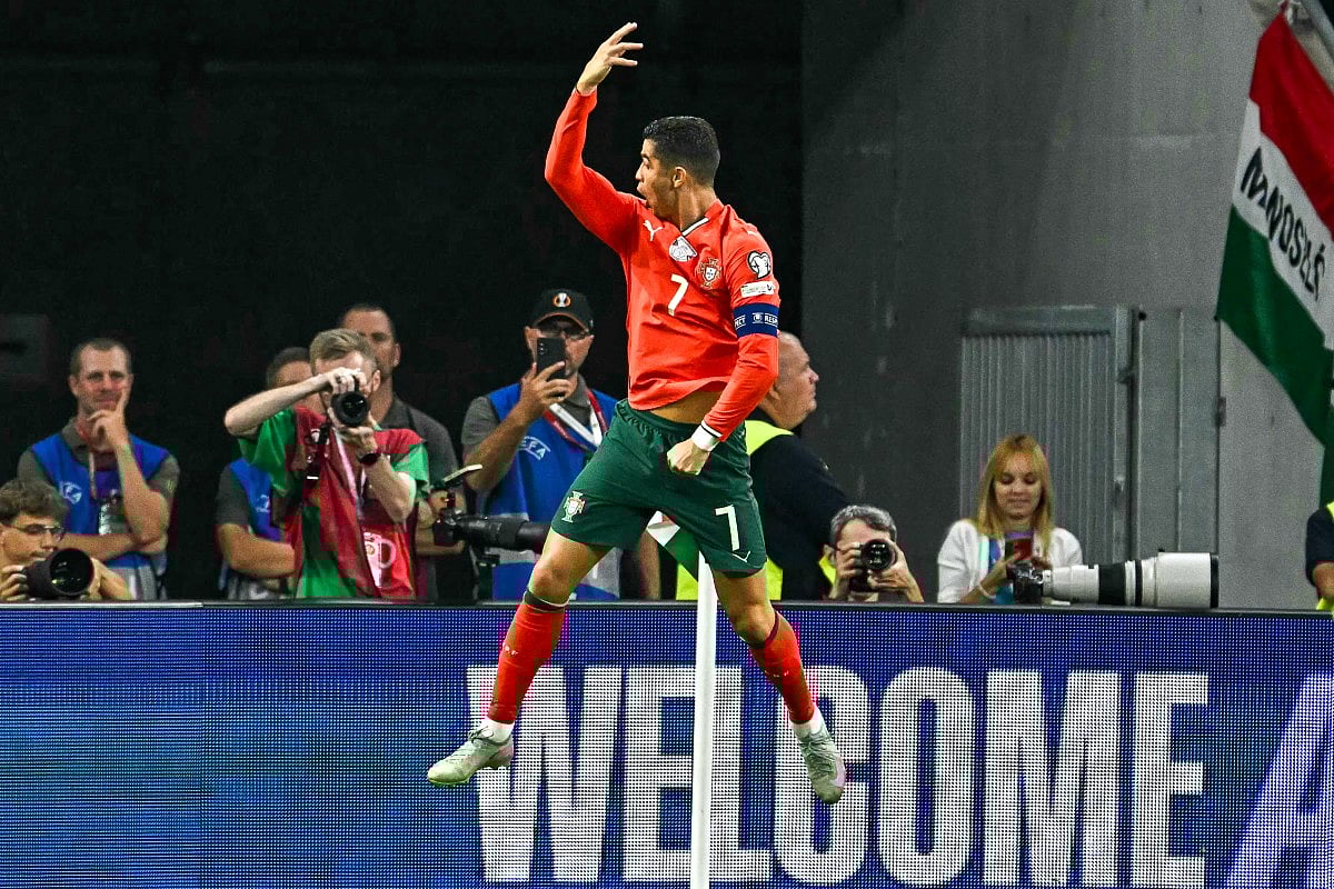 Portugal's forward Cristiano Ronaldo celebrates scoring a penalty goal 1-2 during the 2026 World Cup qualifiers Europe zone group F football against Hungaryon September 9, 2025 in Budapest, Hungary.
