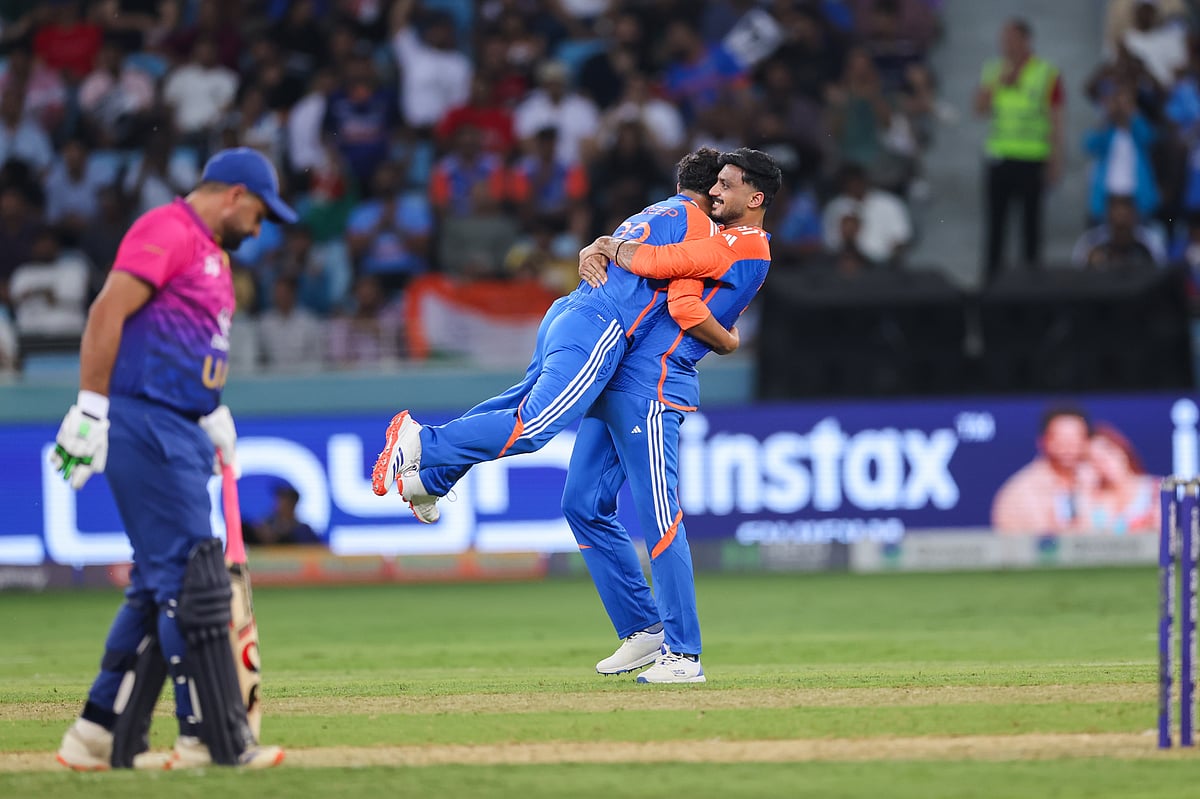 India's Kuldeep Yadav celebrate after taking the wicket of UAE batsman Rahul Chopra  during their DP World Asia Cup match at Dubai International cricket stadium on Wednesday. 