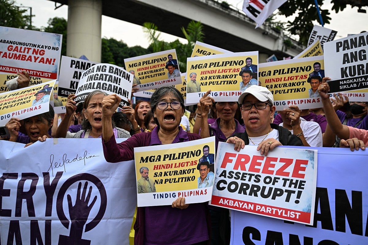 Protesters stage an anti-corruption rally at EDSA Shrine in Quezon City, metro Manila on September 11, 2025, amid the anomalous flood control projects and infrastructure schemes.
