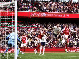Arsenal defender Martin Zubimendi (R) scores the team's third goal during the English Premier League football match against Nottingham Forest at the Emirates Stadium in London on September 13, 2025. 