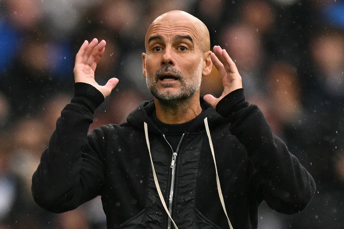 Manchester City's Spanish manager Pep Guardiola gestures during the English Premier League football match between Manchester City and Manchester United at the Etihad Stadium in Manchester, north west England, on September 14, 2025.