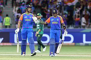 India’s Surya Kumar Yadav and Shivam Dube celebrate their victory against Pakistan in the DP World Asia Cup match at Dubai International Stadium on Sunday. 