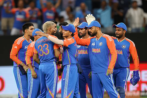 India's Hardik Pandya celebrate after taking the wicket of Pakistan batsman Saim Ayub  during their  DP World Asia Cup match at Dubai International cricket stadium on Sunday.