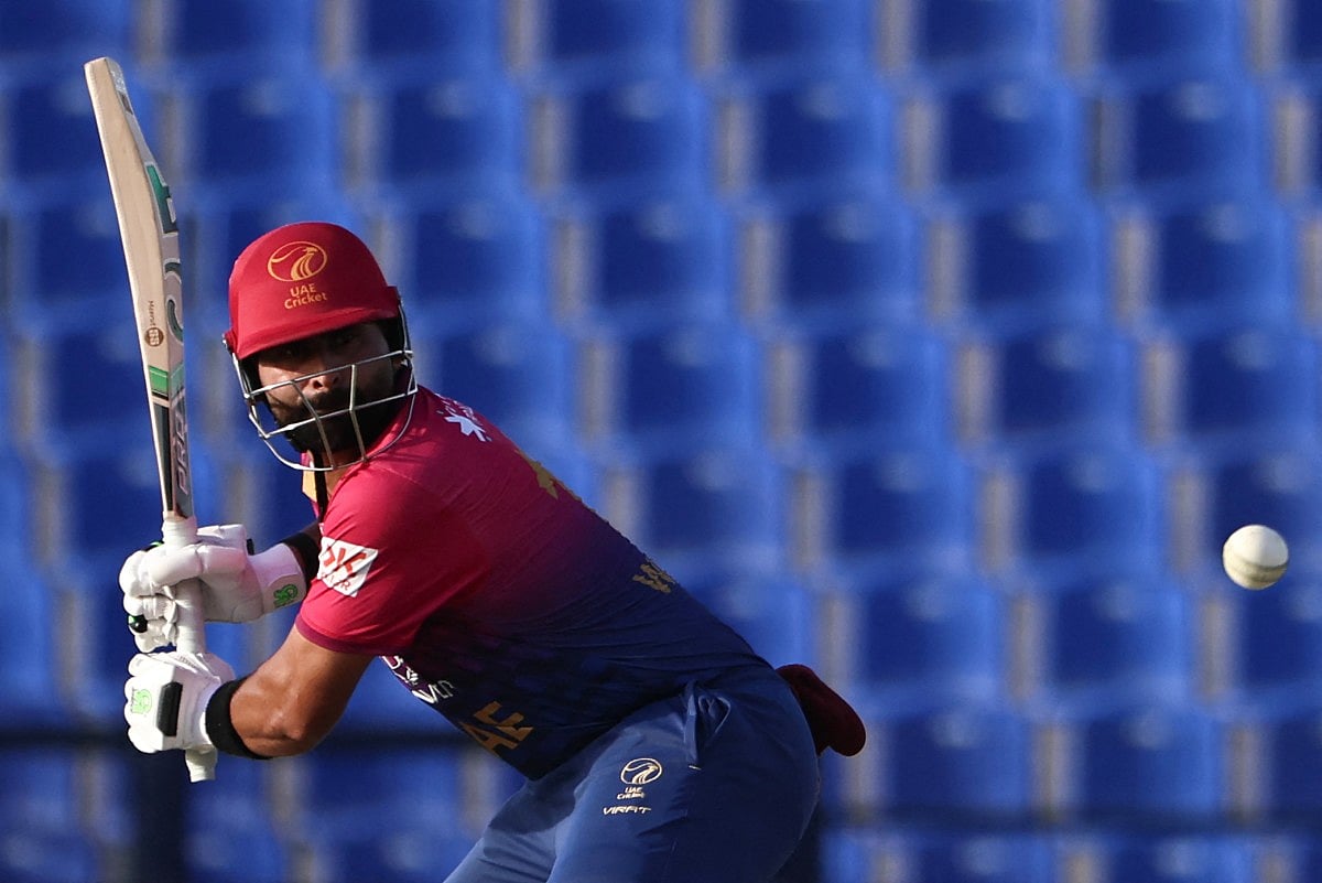 UAE's captain Muhammad Waseem in action during the Asia Cup 2025 Twenty20 international cricket match against Oman at the Sheikh Zayed Cricket Stadium in Abu Dhabi on September 15, 2025.