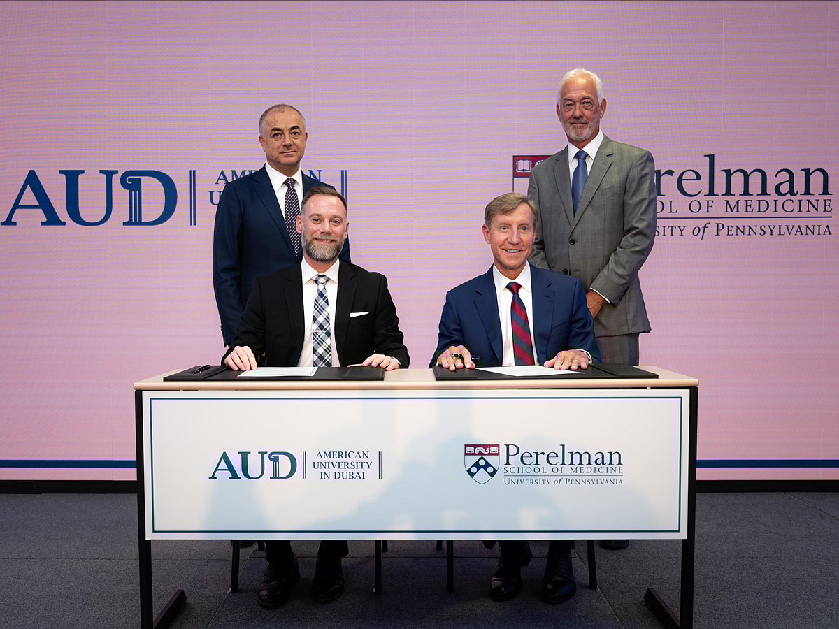 Clockwise: Elias Bou Saab, Dr Glen Gaulton, Dr J. Larry Jameson and Dr Kyle Long at the signing ceremony at AUD Campus in Dubai on Tuesday. 