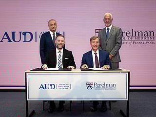 Clockwise: Elias Bou Saab, Dr Glen Gaulton, Dr J. Larry Jameson and Dr Kyle Long at the signing ceremony at AUD Campus in Dubai on Tuesday. 