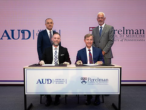 Clockwise: Elias Bou Saab, Dr Glen Gaulton, Dr J. Larry Jameson and Dr Kyle Long at the signing ceremony at AUD Campus in Dubai on Tuesday. 