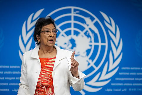 Chair of the Independent International Commission of Inquiry on the Occupied Palestinian Territory, including East Jerusalem, and Israel, South African judge Navi Pillay, gestures after a press conference in Geneva on September 16, 2025.