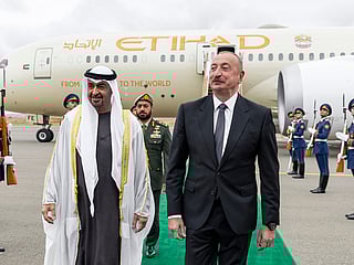 President His Highness Sheikh Mohamed bin Zayed Al Nahyan (L), is received by President Ilham Aliyev of Azerbaijan.