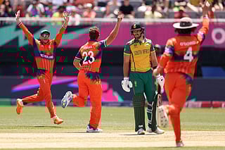 Vivian Kingma of Netherland celebrates after taking the wicket of Aiden Markram during the ICC Men's T20 Cricket World Cup West Indies & USA 2024 