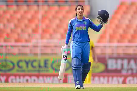 Smriti Mandhana at the Maharaja Yadavindra Singh International Cricket Stadium in New Chandigarh on Wednesday. 
