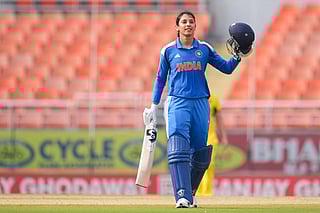 Smriti Mandhana at the Maharaja Yadavindra Singh International Cricket Stadium in New Chandigarh on Wednesday. 