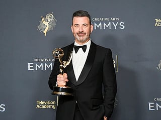 Jimmy Kimmel with the award for host for a game show for "Who Wants to Be a Millionaire" during night two of the Creative Arts Emmy Awards on Sunday, Sept. 7, 2025, at the Peacock Theater in Los Angeles.