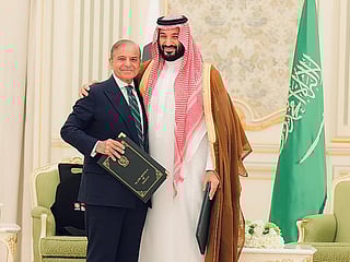 Pakistan Prime Minister Shehbaz Sharif and Saudi Crown Prince and Prime Minister Mohammed bin Salman during the signing of joint strategic defense agreement in Riyadh on Wednesday