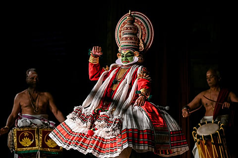 An artist performs Kathakali, a traditional form of classical Indian dance, during a show at a cultural festival in Chennai on September 18, 2025.