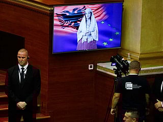 Albania's new AI-generated minister "Diella" speaks during the parliamentary session for the voting of the new government of Albania.