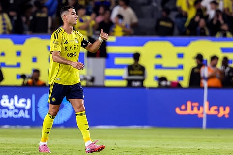 Nassr's Portuguese forward #07 Cristiano Ronaldo celebrates after scoring a goal