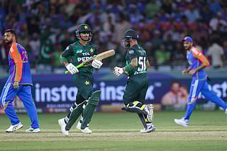 Pakistan batsmen Saim Ayub and Sahibzada Farhan against India during their match at Dubai International Stadium on Sunday. 