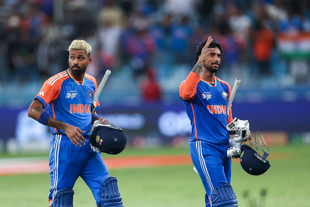 India’s Hardik Pandya and Tilak Varma celebrate their win over Pakistan during the Asia Cup match at Dubai International Stadium on Sunday.
