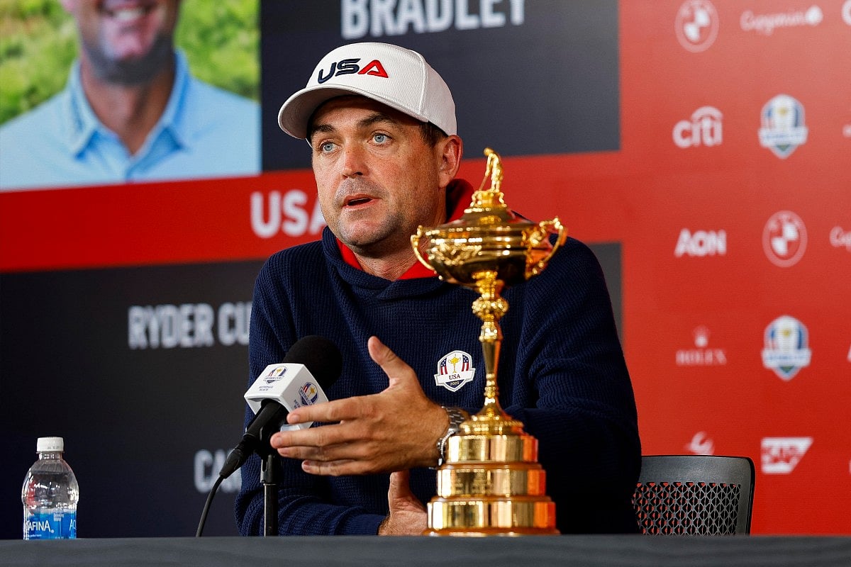 Keegan Bradley, Captain of Team United States speaks in a press conference prior to the Ryder Cup 2025 at Black Course at Bethpage State Park Golf Course on September 22, 2025 in Farmingdale, New York.