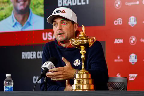 Keegan Bradley, Captain of Team United States speaks in a press conference prior to the Ryder Cup 2025 at Black Course at Bethpage State Park Golf Course on September 22, 2025 in Farmingdale, New York.