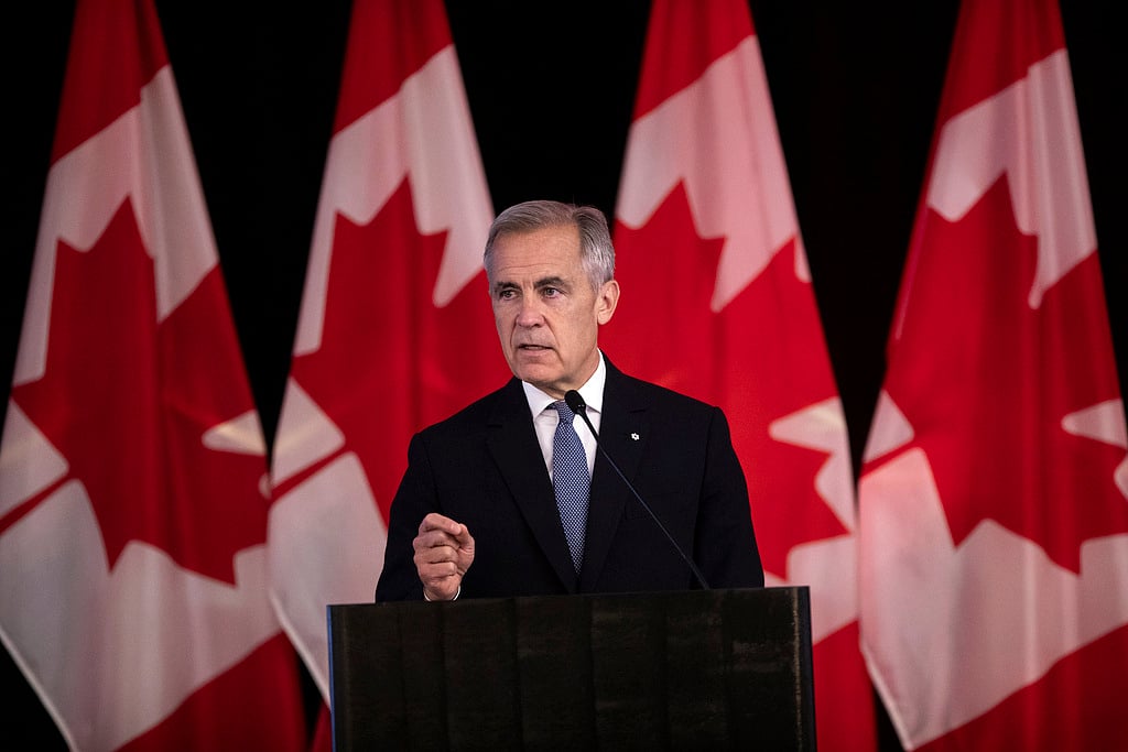 FILE - Canada Prime Minister Mark Carney delivers opening remarks at the Liberal caucus in Edmonton, Alberta, Canada on Wednesday, Sept. 10, 2025.