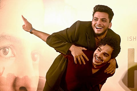 Bollywood actors Vishal Jethwa (L) and Ishaan Khatter attend a press conference for their upcoming Indian Hindi-language drama film 'Homebound' in Mumbai on September 22, 2025.