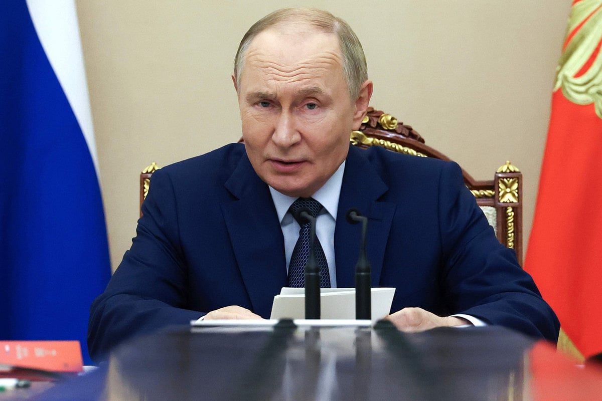 Russian President Vladimir Putin chairs a Security Council meeting at the Kremlin in Moscow, Russia, Monday, September 22, 2025. 