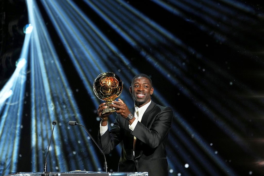Paris Saint-Germain's Ousmane Dembélé receives the 2025 Men's Ballon d'Or 