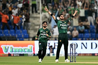 Pakistan's Shaheen Shah Afridi celebrates after taking the wicket of Sri Lanka's Pathum Nissanka during the Asia Cup 2025 Super Four Twenty20 international cricket match at the Sheikh Zayed Cricket Stadium in Abu Dhabi on September 23, 2025.