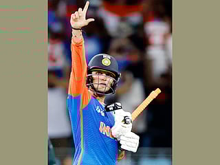 India's Abhishek Sharma celebrates his half-century during the match against Pakistan in the Super Four of Asia Cup 2025, at Dubai International Cricket Stadium on Sunday. 