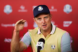 Justin Rose of Team Europe speaks in a press conference prior to the Ryder Cup 2025 at Black Course at Bethpage State Park Golf Course on September 24, 2025 in Farmingdale, New York.