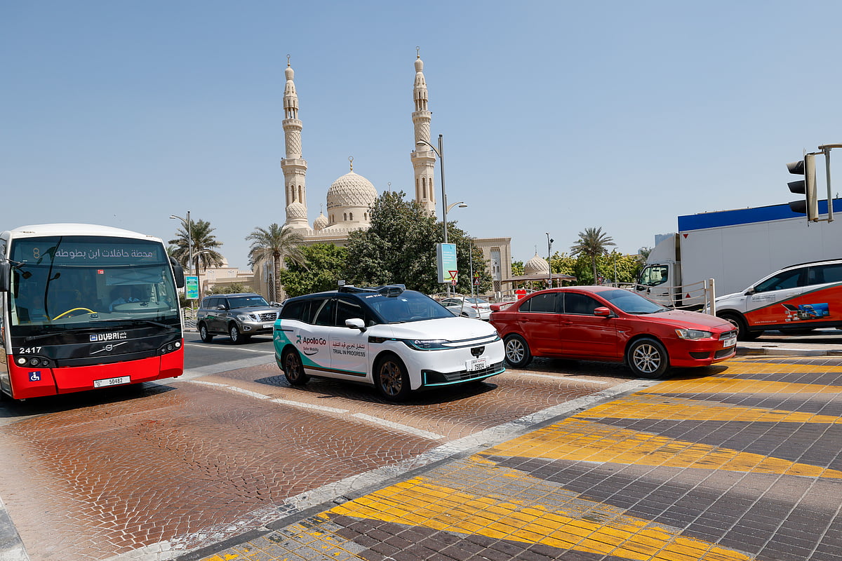 Baidu’s Apollo Go RT6 robotaxi, the driverless autonomous vehicle during a trial run with safety driver at Jumeirah Beach Road in Dubai. 