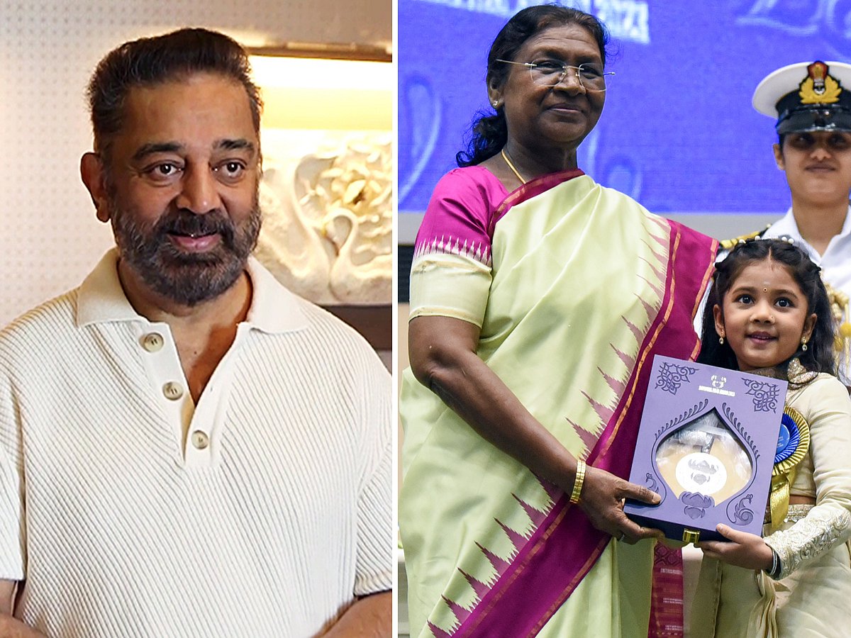 Kamal Haasan hails four-year-old Treesha Vivek Thosar after she received the National Award for Best Child Artist from President Droupadi Murmu at Vigyan Bhawan, New Delhi, for the Marathi film Naal 2.