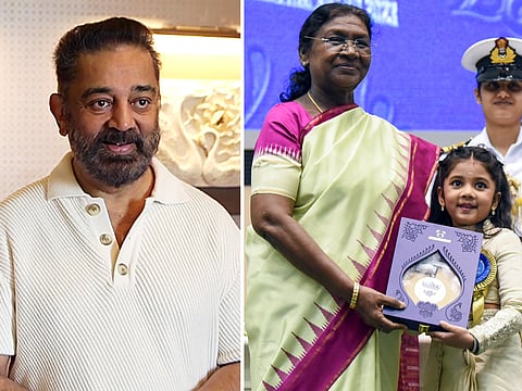 Kamal Haasan hails four-year-old Treesha Vivek Thosar after she received the National Award for Best Child Artist from President Droupadi Murmu at Vigyan Bhawan, New Delhi, for the Marathi film Naal 2.