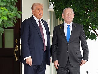 US President Donald Trump, left, greets Israeli Prime Minister Benjamin Netanyahu at the White House, Monday, September 29, 2025, in Washington. 
