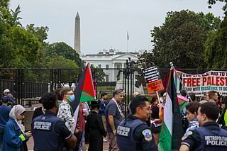 Protesters gather outside the White House where Israeli Prime Minister Benjamin Netanyahu was meeting with US President Donald Trump on September 29, 2025 in Washington, DC. File photo. The Monday talks at the Egyptian resort town of Sharm El-Sheikh offers an opportunity to achieve a sustainable ceasefire.

