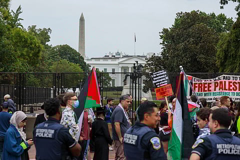 Protesters gather outside the White House where Israeli Prime Minister Benjamin Netanyahu was meeting with US President Donald Trump on September 29, 2025 in Washington, DC. File photo. The Monday talks at the Egyptian resort town of Sharm El-Sheikh offers an opportunity to achieve a sustainable ceasefire.

