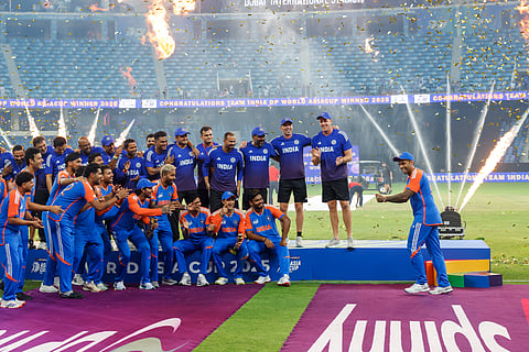 Indian captain Surya Kumar Yadav and team celebrate with an imaginary trophy after their win in the DP World Asia Cup final defeating Pakistan at Dubai International stadium on Sunday. Photo: Virendra Saklani/Gulf News