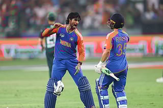 India's Tilak Varma and Rinku Singh celebrate their win over Pakistan in the Asia Cup final at the Dubai International stadium on Sunday. 