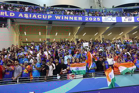 Indian fans celebrate their win in the DP World Asia Cup final defeating Pakistan at Dubai International stadium on Sunday.