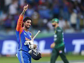 India’s Tilak Varma celebrates after guiding his team to victory over Pakistan in the Asia Cup final at Dubai International Stadium on Sunday.