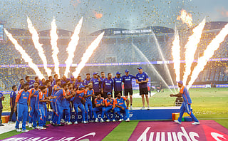 Indian captain Surya Kumar Yadav and team celebrate with an imaginary trophy after their win in the DP World Asia Cup final at Dubai International stadium on Sunday.