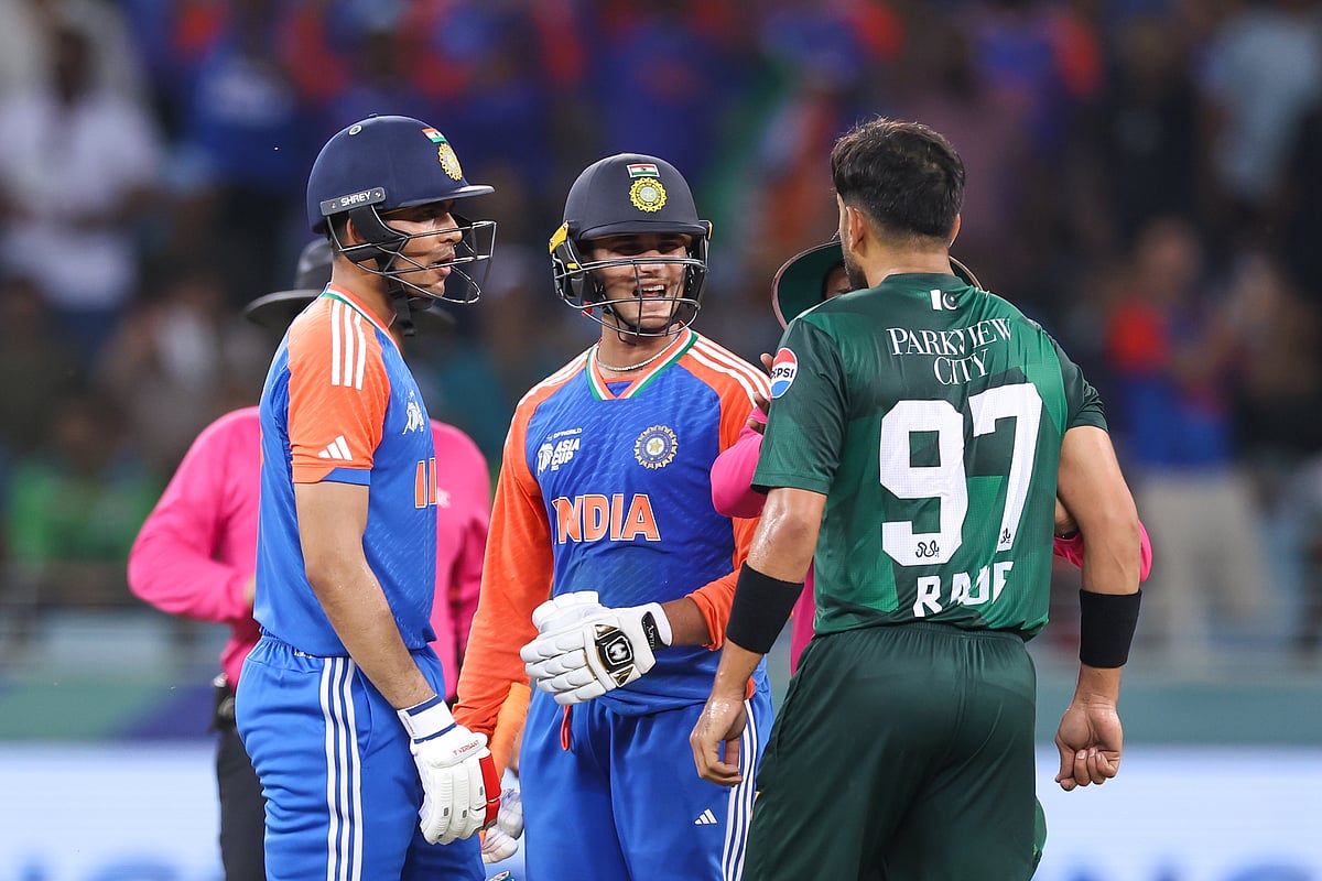 Indian opener Abhishek Sharma and Pakistan bowler Haris Rauf involve in a heated arguement during  their Asia Cup match at Dubai International Cricket Stadium. 