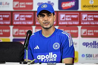 Indian team captain Shubman Gill attends a press conference at the Narendra Modi Stadium.