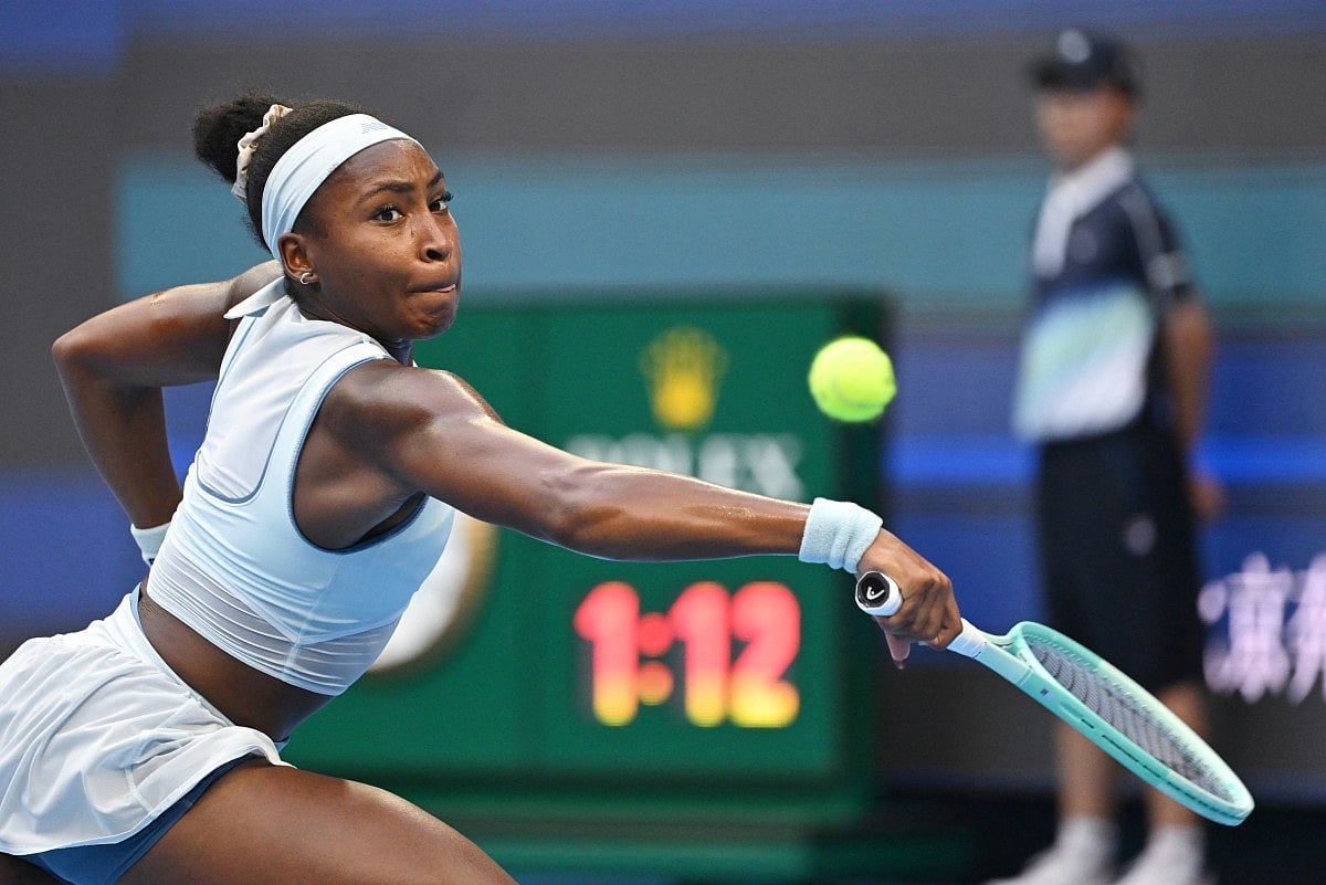 USA’s Coco Gauff hits a return to Germany’s Eva Lys during their women's singles quarter-final match at the China Open tennis tournament in Beijing on October 2, 2025.
