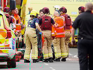 Emergency services at the scene of a stabbing at Heaton Park Hebrew Congregation synagogue, in Crumpsall, Manchester, England, on Thursday October 2, 2025.  